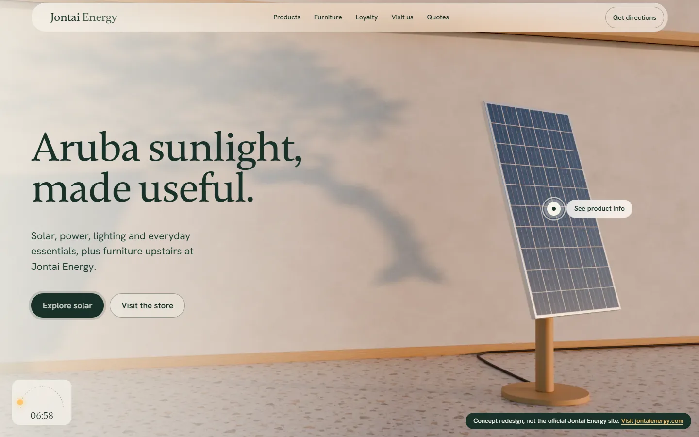 Herontwerp van Jontai Energy: “Aruba sunlight, made useful.” naast een zonnepaneel op een gestucte muur bij zonsopgang